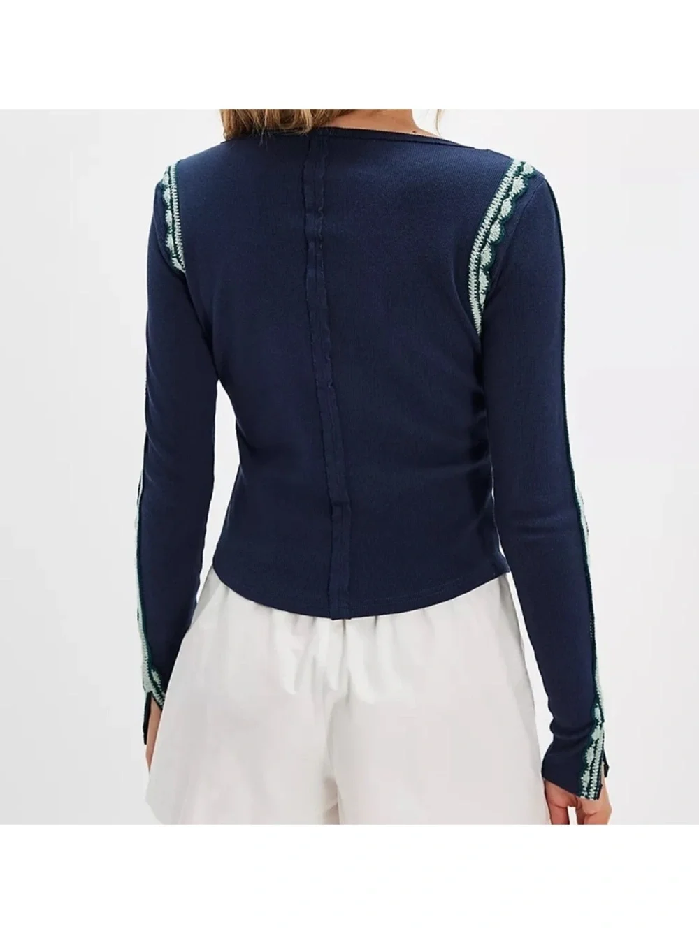 Free People Lost Love Long Sleeve Top Navy Crochet Trim Size L